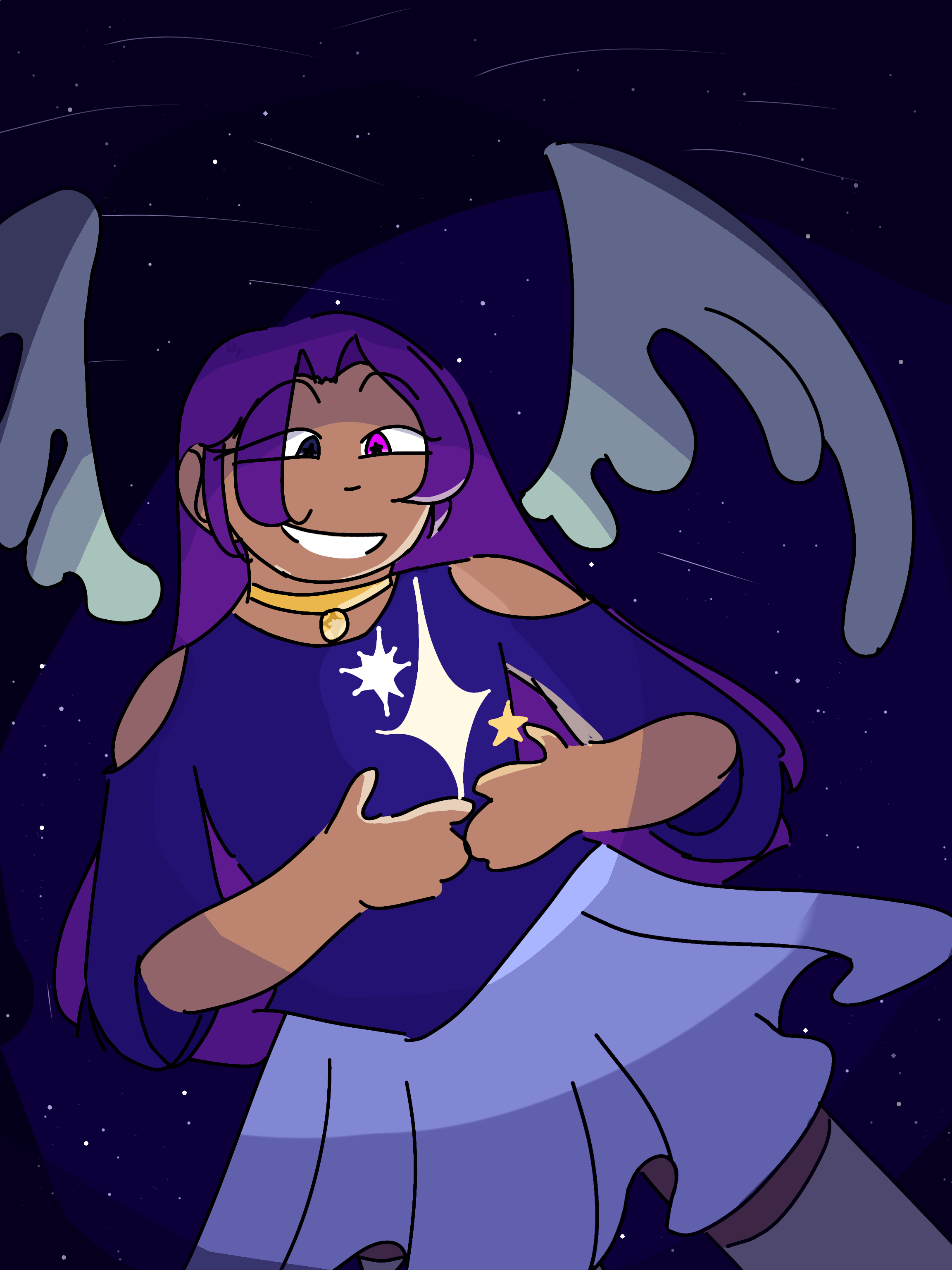 Lilac out in space manipulating a star right in front of comet.
